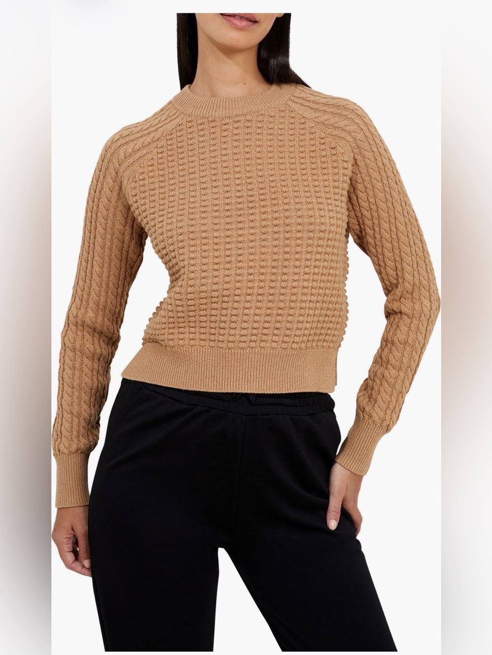 French Connection Camel Cable Knit Crewneck Sweater